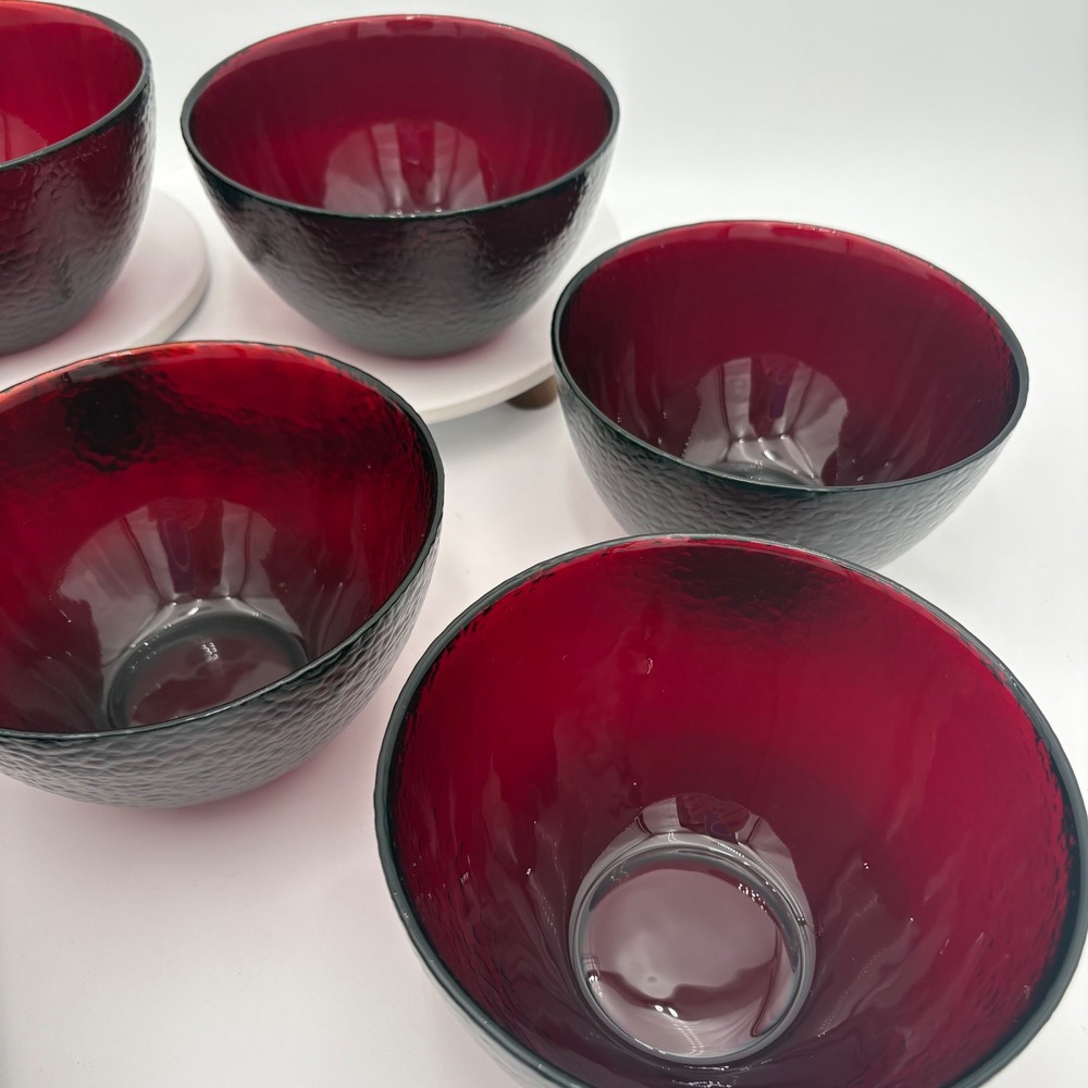 MCM Ruby Red Textured Glass Cereal Bowls Smooth‎ Inside 7 Pcs